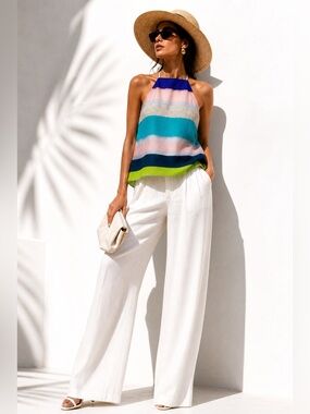 Milly Multicolor Striped Halter Camisole - Purple/Teal/Pink/Neon Green/Cream